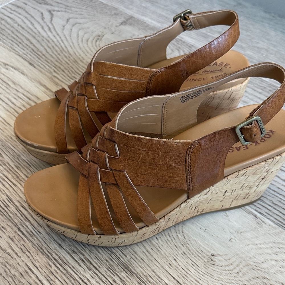 Kork-Ease Cognac Brown Leather Wedge Sandals - Picture 4 of 8